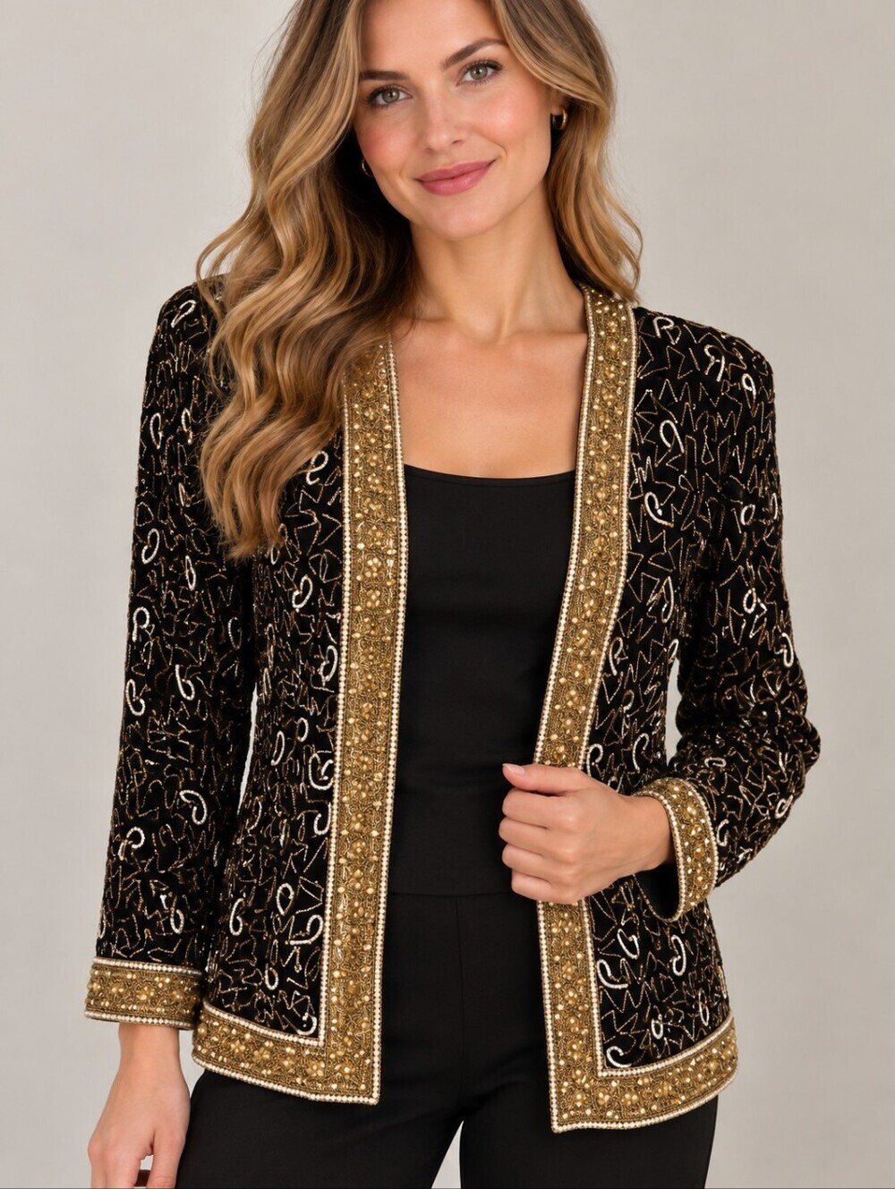 vtg LAURENCE KAZAR Gold Beaded Silk Open Front Blazer